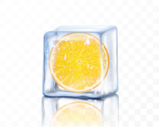 Rebanada de naranja madura fresca en cubo de hielo aislado sobre fondo transparente Pieza congelada de naranja Ilustración de vector 3d realista