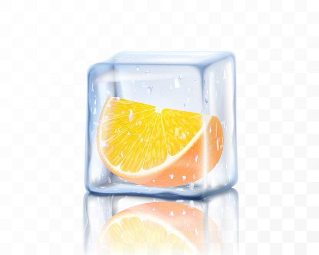 Rebanada de naranja madura fresca en cubo de hielo aislado sobre fondo transparente Pieza congelada de naranja Ilustración de vector 3d realista