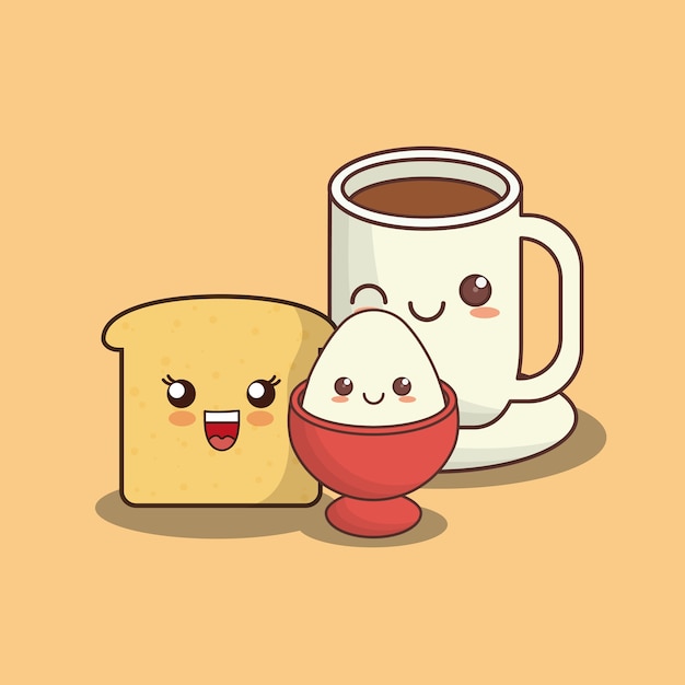 Vector rebanada de pan kawaii y taza de café