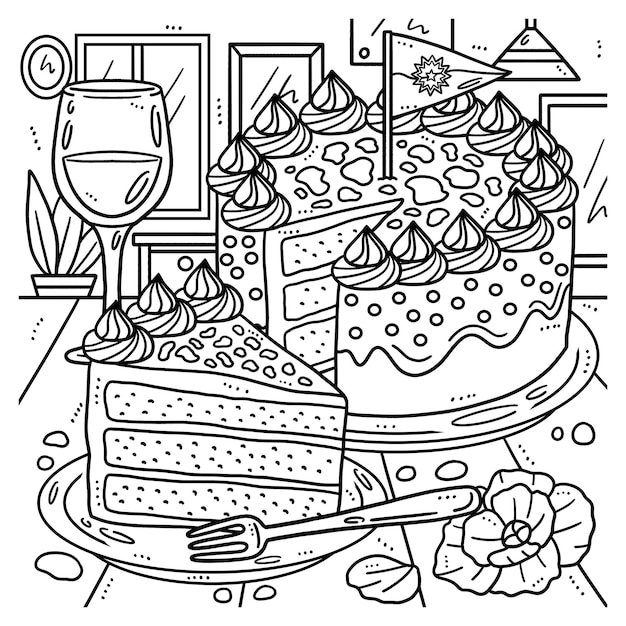 Rebanada de pastel con copa de vino para colorear aislado