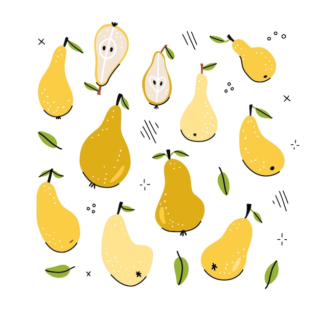 Rebanada de pera conjunto de imágenes prediseñadas de pera entera de estilo plano y lineal infantil dibujado a mano aislado sobre fondo blanco Ilustración de garabato dibujado a mano vectorial