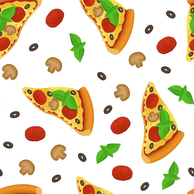 Rebanada de pizza 3d detallada realista Comida rápida italiana con tomate Pepperoni y merienda tradicional de champiñones para menú Restaurante Fondo de patrón sin costuras en una ilustración de Vector blanco