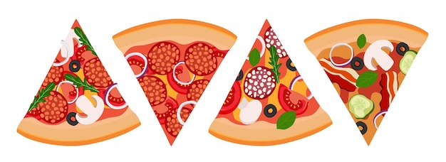 Una rebanada de pizza de 4 piezas con salami cebollas tomates y aceitunas ilustración vectorial