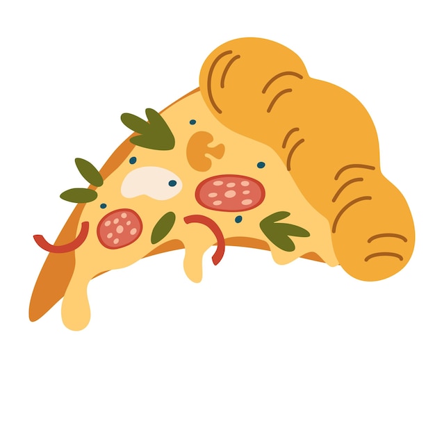 Rebanada de pizza Comida rápida Deliciosa pizza con salchicha, champiñones, queso y pimienta Ilustración de dibujos animados vectoriales aislada en el fondo blanco