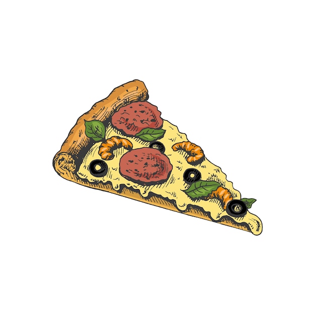 Rebanada de pizza estilo boceto coloreado a mano pizza con salsa de tomate mozzarella salchicha aceitunas camarones queso derretido ilustración vintage de comida rápida