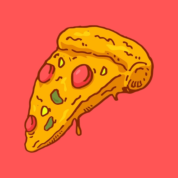 Rebanada de pizza en ilustración de vector de estilo dibujado a mano y coloreado