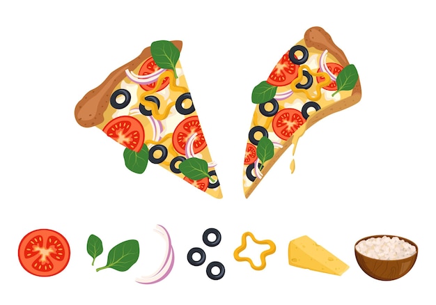 Una rebanada de pizza con queso derretido, tomates, aceitunas y albahaca e ingredientes