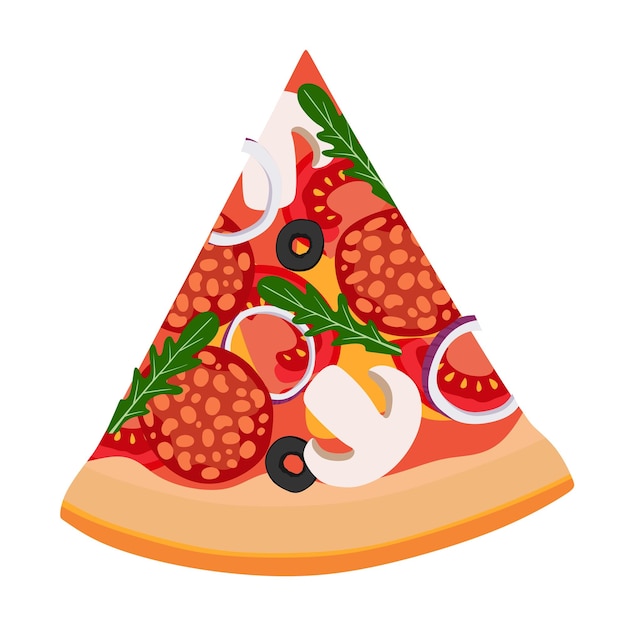 Vector una rebanada de pizza con salami cebollas tomates y aceitunas vector ilustración concepto stickerswebsites