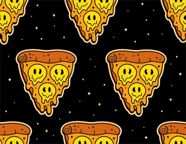 Rebanada de pizza con sonrisa derretida patrón sin costuras arte de papel tapiz línea de doodle vectorial ilustración de personaje de dibujos animadospizzatrippy sonrisa caraácidopsicodélico patrón sin costurasconcepto de impresión de fondo