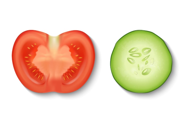 Rebanada realista 3d de pepino jugoso y tomate en un conjunto de iconos cortados de primer plano aislado