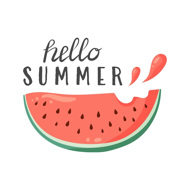Rebanada de sandía con corteza verde vibrante y carne roja con semillas negras y letras Hello Summer Ilustración vectorial plana para tarjeta postal invitación de tarjeta de felicitación cartel de impresión estacional