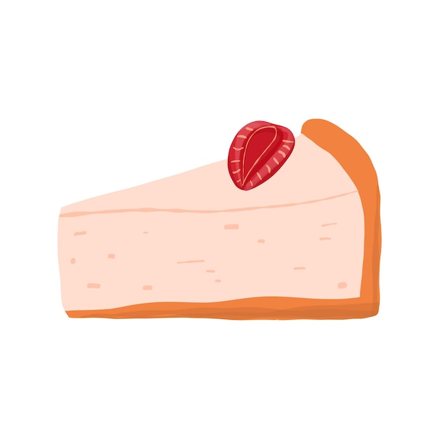 Rebanada de tarta de queso de fresa con cobertura de frutas en la ilustración de vector de estilo de dibujos animados dibujados a mano