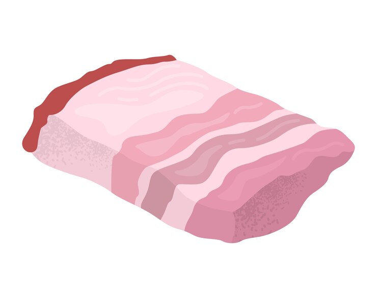 Vector rebanada de tocino de cerdo crudo con capas de carne y grasa comida e ingrediente de cocina vector de corte de carne fresca