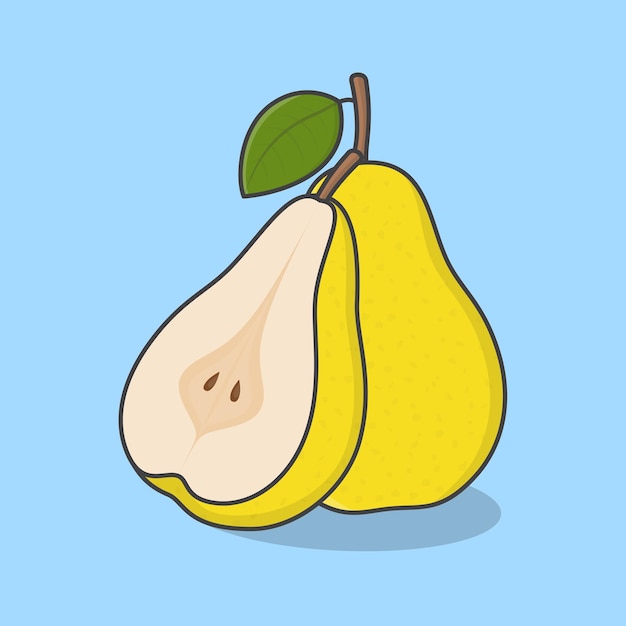 Vector rebanada y toda la ilustración de vector de dibujos animados de fruta de pera contorno de icono plano de fruta de pera fresca