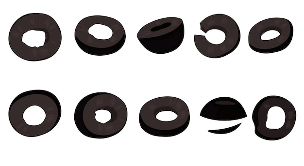 Rebanadas de aceituna negra Vector Pizza o cortadoras de ensalada aisladas sobre fondo blanco