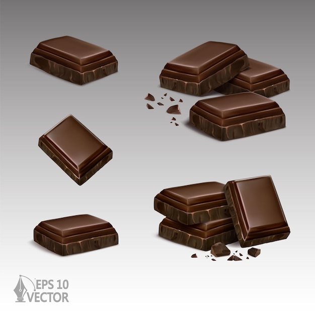 Vector rebanadas de chocolate oscuro realistas con migas rotas postre dulce ilustración vectorial 3d