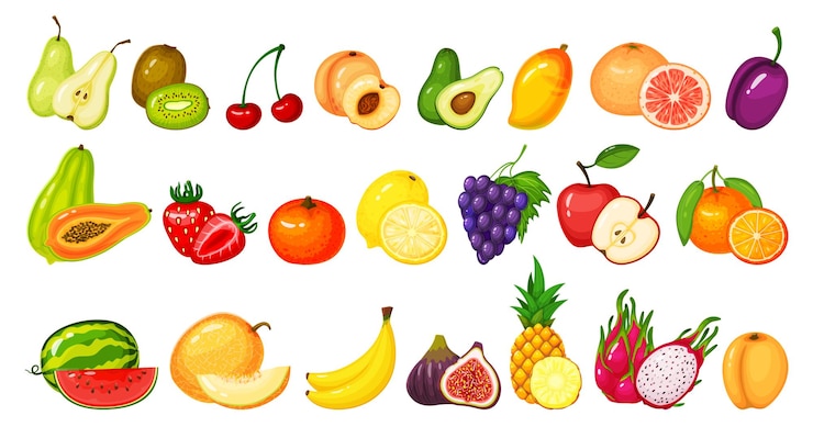 Vector rebanadas de frutas de dibujos animados kiwi dragon fruit granada melocotón manzana uva mango limón naranja set
