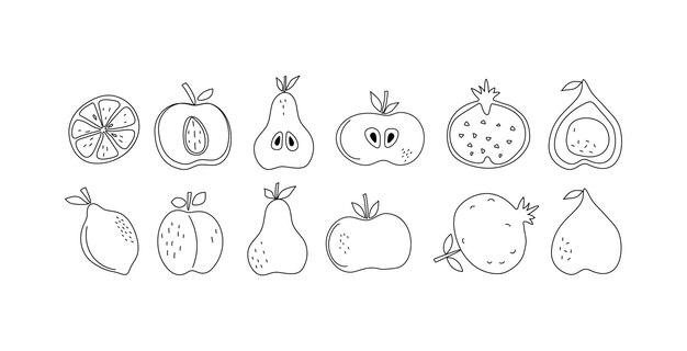 Rebanadas de frutas enteras Iconos lineales Frutas abstractas simples con hojas Alimentos vegetarianos naturales con vitaminas