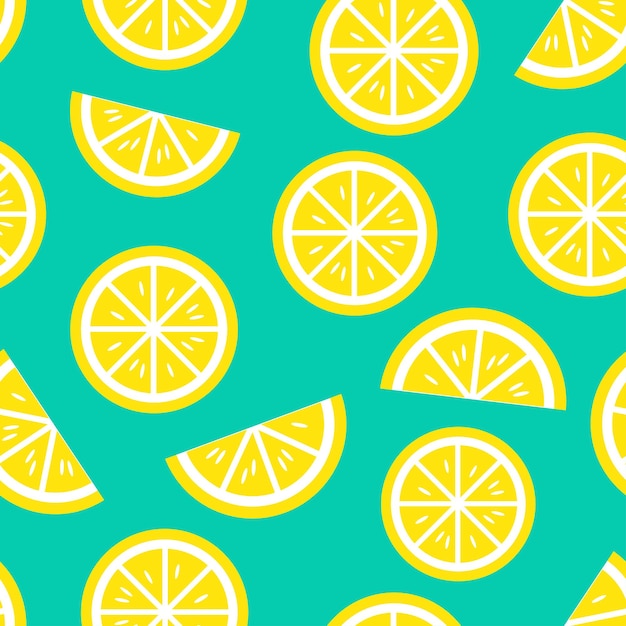 Las rebanadas de limón de color amarillo brillante crean un patrón alegre y vibrante en un fondo turquesa para frescos