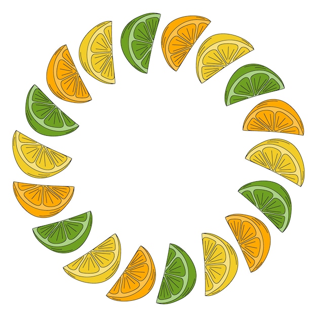 Rebanadas de limón y limón naranja borde de marco circular en colores de moda espacio de copia de plantilla decorativa