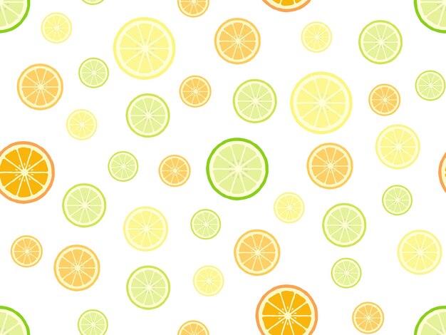 Rebanadas de naranjas, limón y lima con patrón sin costuras con colores naranja, verde y amarillo en ba blanco