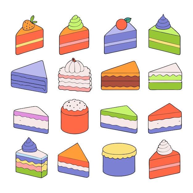 Rebanadas de pastel de cumpleaños Colección de piezas de panadería de vacaciones dulces Caricatura plana dibujada a mano por vector