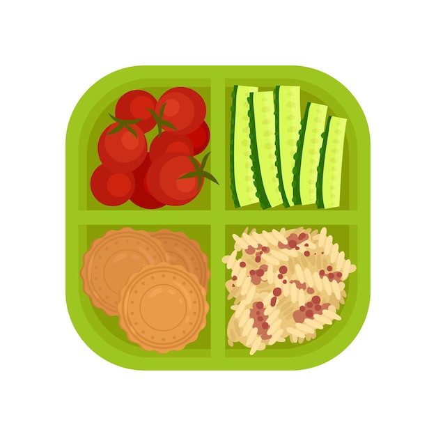 Rebanadas de pepino rojo tomates maduros galletas y pasta con carne en la vista superior de la lonchera verde bandeja de plástico con comida sabrosa tema de comida diseño vectorial de dibujos animados icono plano aislado sobre fondo blanco