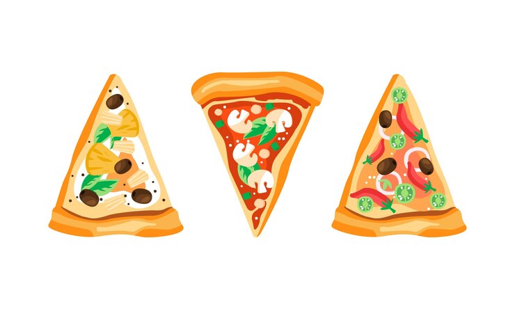 Vector rebanadas de pizza apetitosa con pimienta picante potherb y hongos por encima de la vista del conjunto vectorial