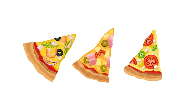 Rebanadas de pizza caliente y sabrosa con un conjunto vectorial de queso derretido