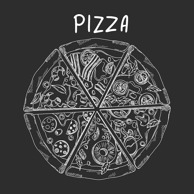 Rebanadas de pizza pizza entera Pizza con diferentes ingredientes Ilustración vectorial