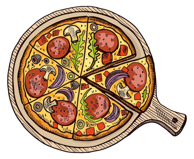Rebanadas de pizza en tablero de madera Sabrosa comida italiana
