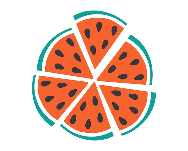 Rebanadas triangulares de sandía con semillas en elementos de diseño de círculo minimalista de estilo doodle de moda vista superior