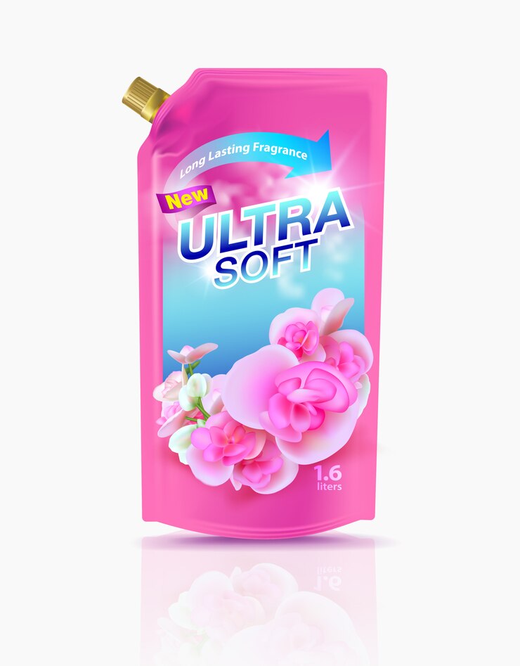 Vector recargue el producto suavizante de telas, tapa dorada, suavizante de telas de diseño premium, aroma floral, para una fragancia duradera.