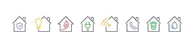 Recaudación de servicios públicos Configuración de iconos de facturas de servicios públicos Ícono de inicio con símbolo de servicio público Vector