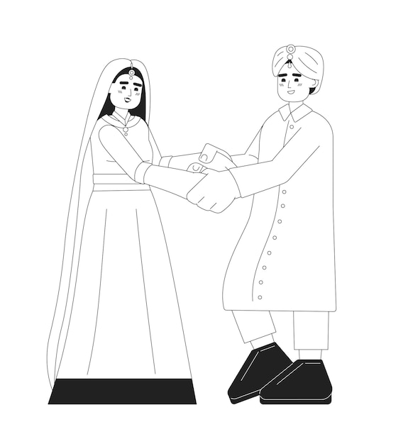 La recepción de la novia y el novio indios caracteres vectoriales planos monocromáticos