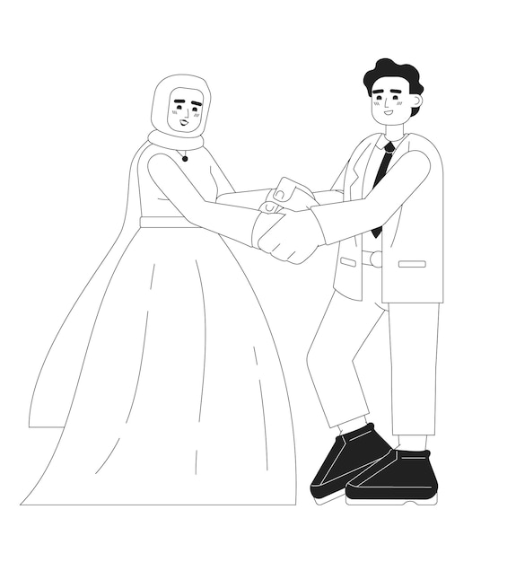 La recepción de la novia y el novio musulmanes caracteres vectoriales planos monocromáticos