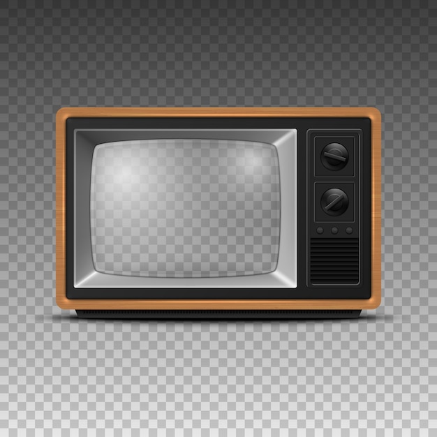 Receptor de TV retro vectorial 3D realista de madera marrón con pantalla transparente aislada