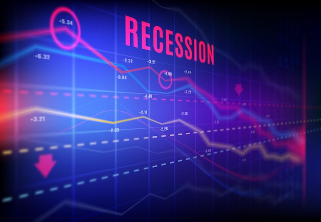 Recesión económica, mercado de valores colapsado y gráficos vectoriales de pérdidas comerciales con indicadores rechazados, gráficos de declive, flechas rojas. Pantalla comercial borrosa para crisis financiera y quiebra empresarial