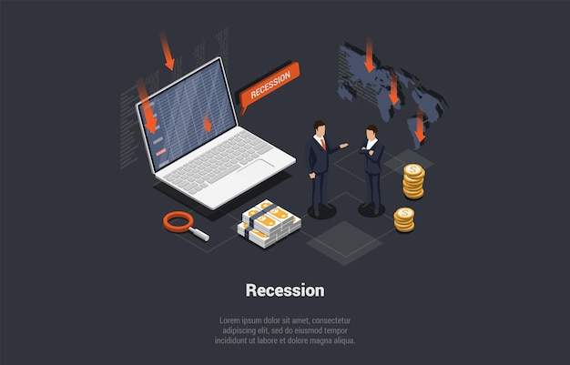 Recesión Inflación Devaluación Concepto de bancarrota Disminución en la fabricación o desaceleración en el crecimiento económico Riesgo de colapso del mercado y bancarrota empresarial Dibujos animados isométricos 3D Vector ilustración