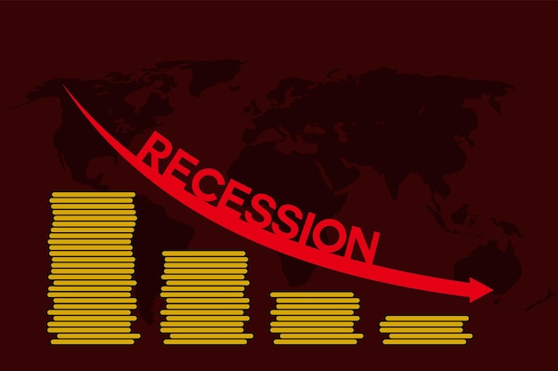 Recesión y recesión económica con monedas y flecha roja Ilustración para la plantilla de fondo