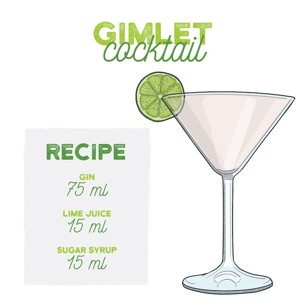 Vector receta de bebida de cóctel gimlet