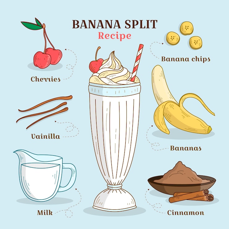 Vector receta dibujada a mano de banana split