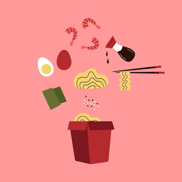 Vector receta de fideos japoneses en estilo dibujado a mano. menú de comida asiática para restaurantes