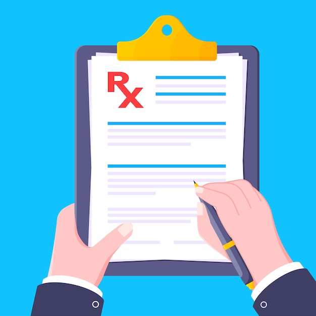 Receta de formulario médico rx en ilustración de vector de diseño de estilo plano de hoja de papel