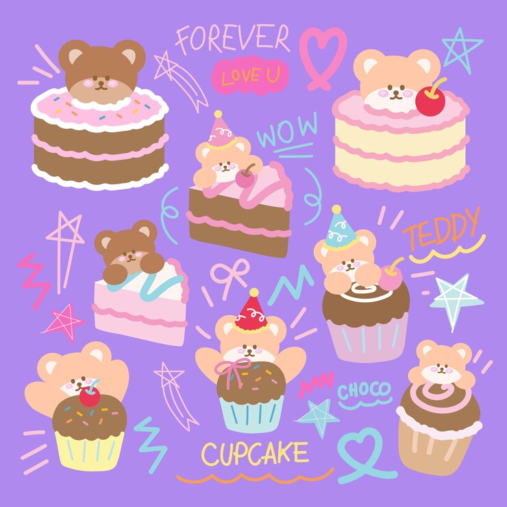 Receta de menú de un restaurante de cafetería para un postre dulce con una rodaja de pastel y un pastel con un oso de peluche
