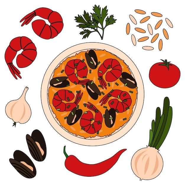Vector receta de paella con ingredientes: gambas, tomate, arroz, mejillones, cebolla y ají.