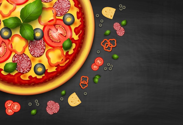 Vector receta de pizza vectorial realista o fondo de menú