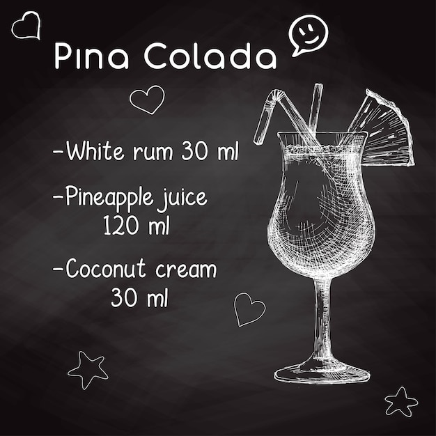 Receta sencilla para un cóctel alcohólico de Piña Colada. Dibujar tiza en una pizarra. Ilustración de vector de un estilo de dibujo.