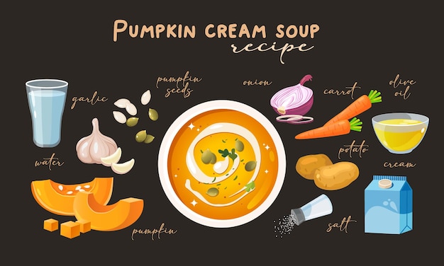 Vector receta de sopa de crema de calabaza