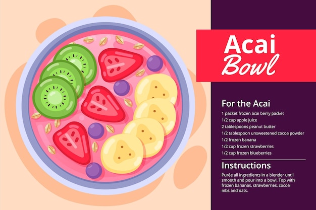 Vector receta de tazón de acai con diferentes frutas